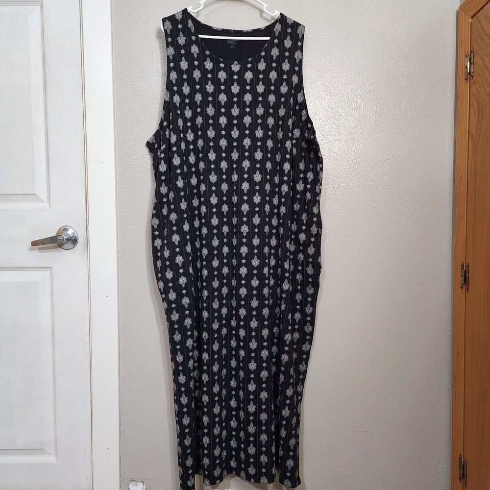 Lands End Black White Print Sleeveless Maxi Dress Women's Size 2X Slit Both Side